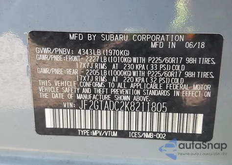 2019 Subaru Crosstrek Premium из США, поврежденный, VIN JF2GTADC2K8211805